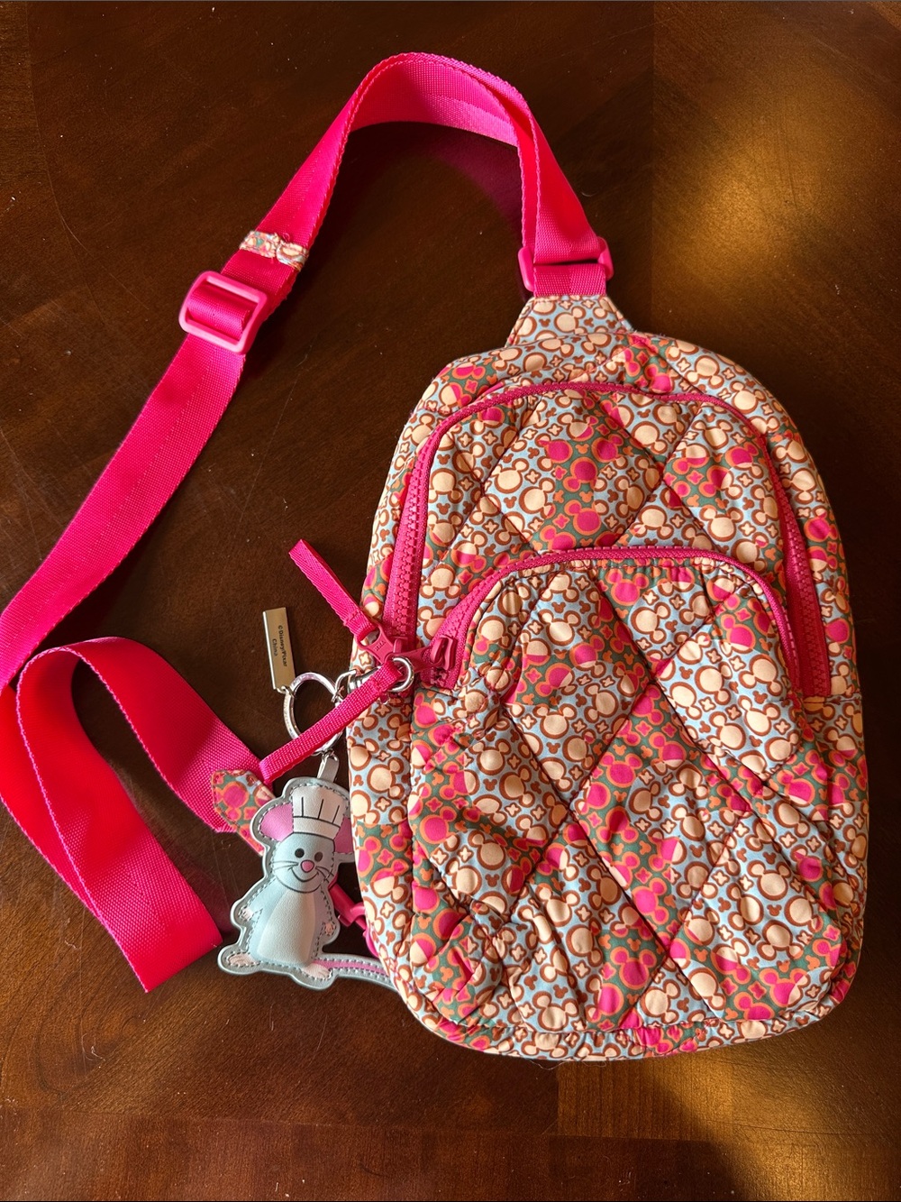 Hot Pink Quilted Crossbody Sling Bag with Mickey Motif Pattern